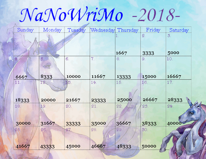 NaNoWriMo Day 2 — Printable Word Count Calendar NaNoWriMo 2018
