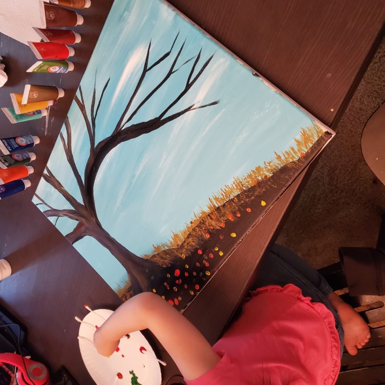 Fall Kids Craft Button Tree Preschooler q-tip painting
