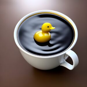A tiny toy duck floating in a cup of coffee is adorable. 
