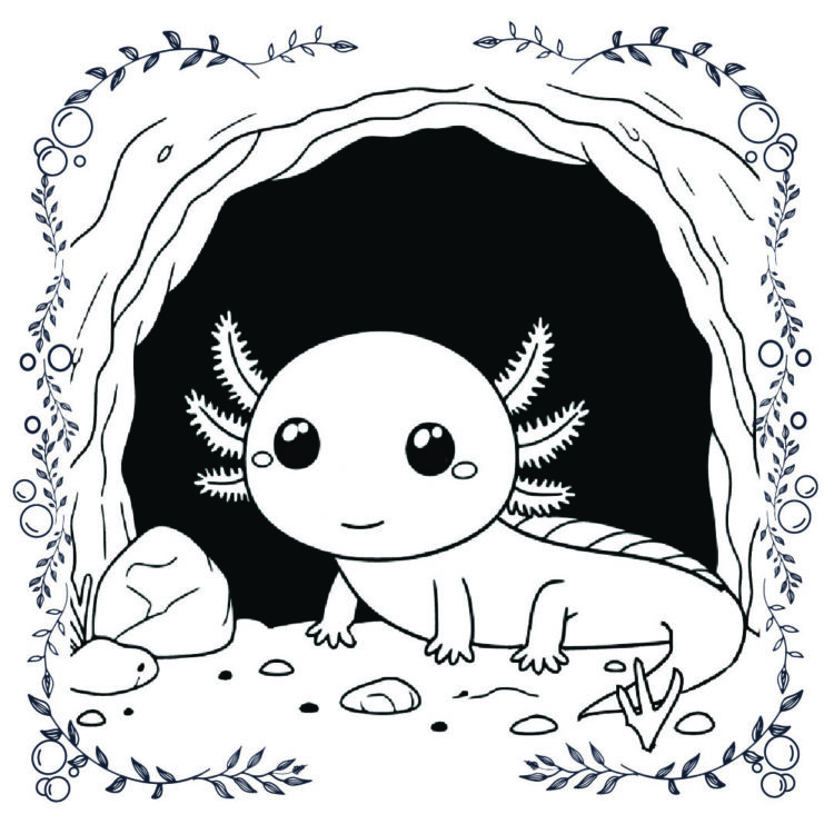Free adorable axolotl coloring page of her hiding in her cave. Axolotls like the dark! 